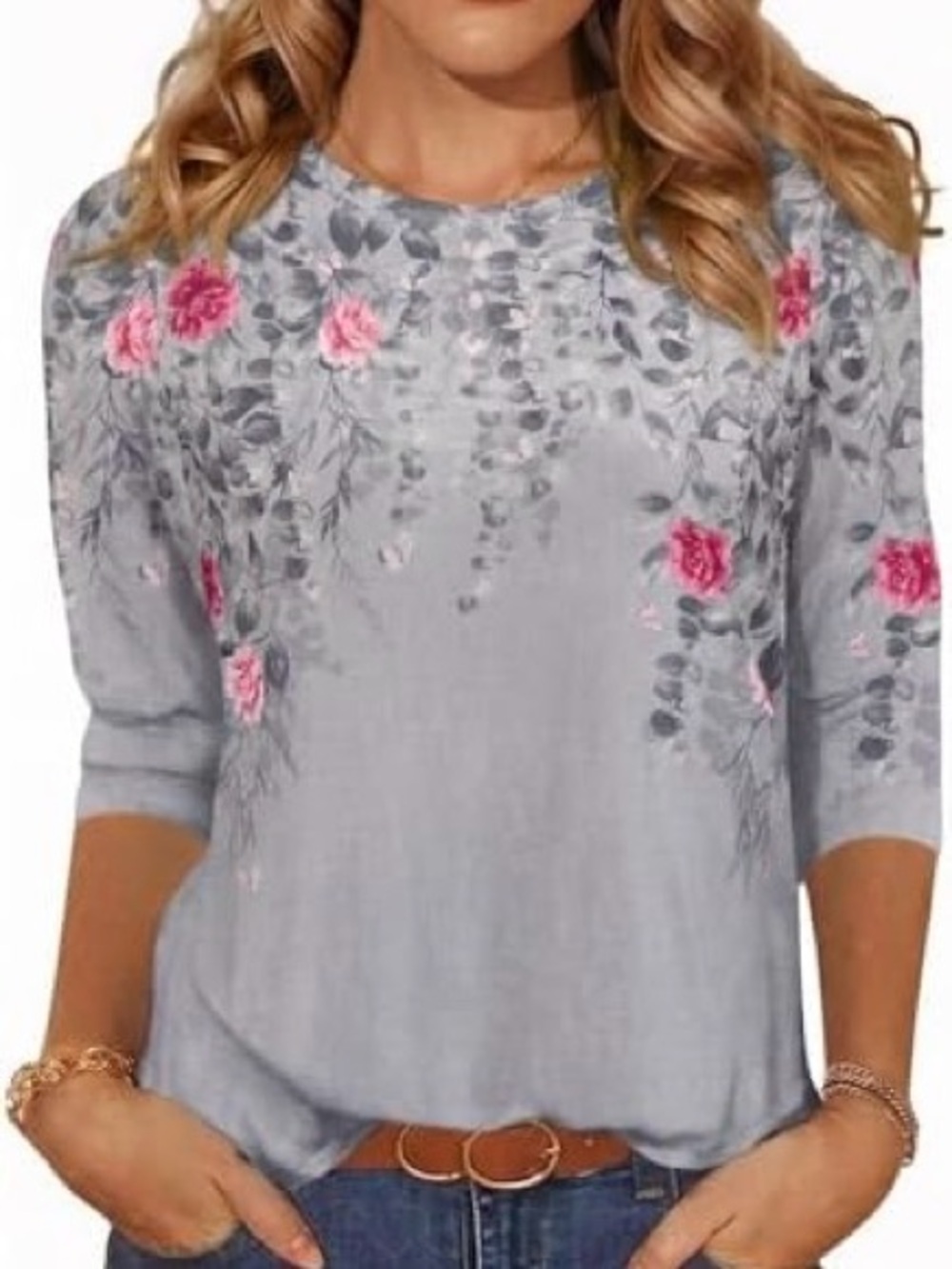 5/$15💥 Gray Floral Crewneck Top 3/4 Sleeve Blouse 🌼